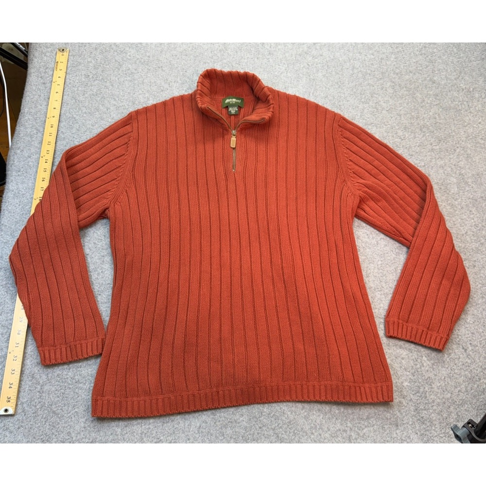 Eddie Bauer Men's XXL 100% Cotton Ribbed 1/4 Zip Sweater Rust Orange Made Japan